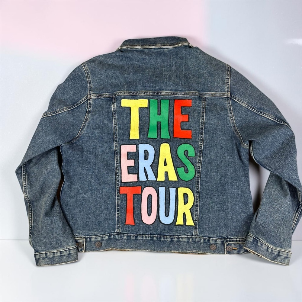 Hand Painted Taylor Swift Eras Tour Denim Jacket XL Custom Fan Art